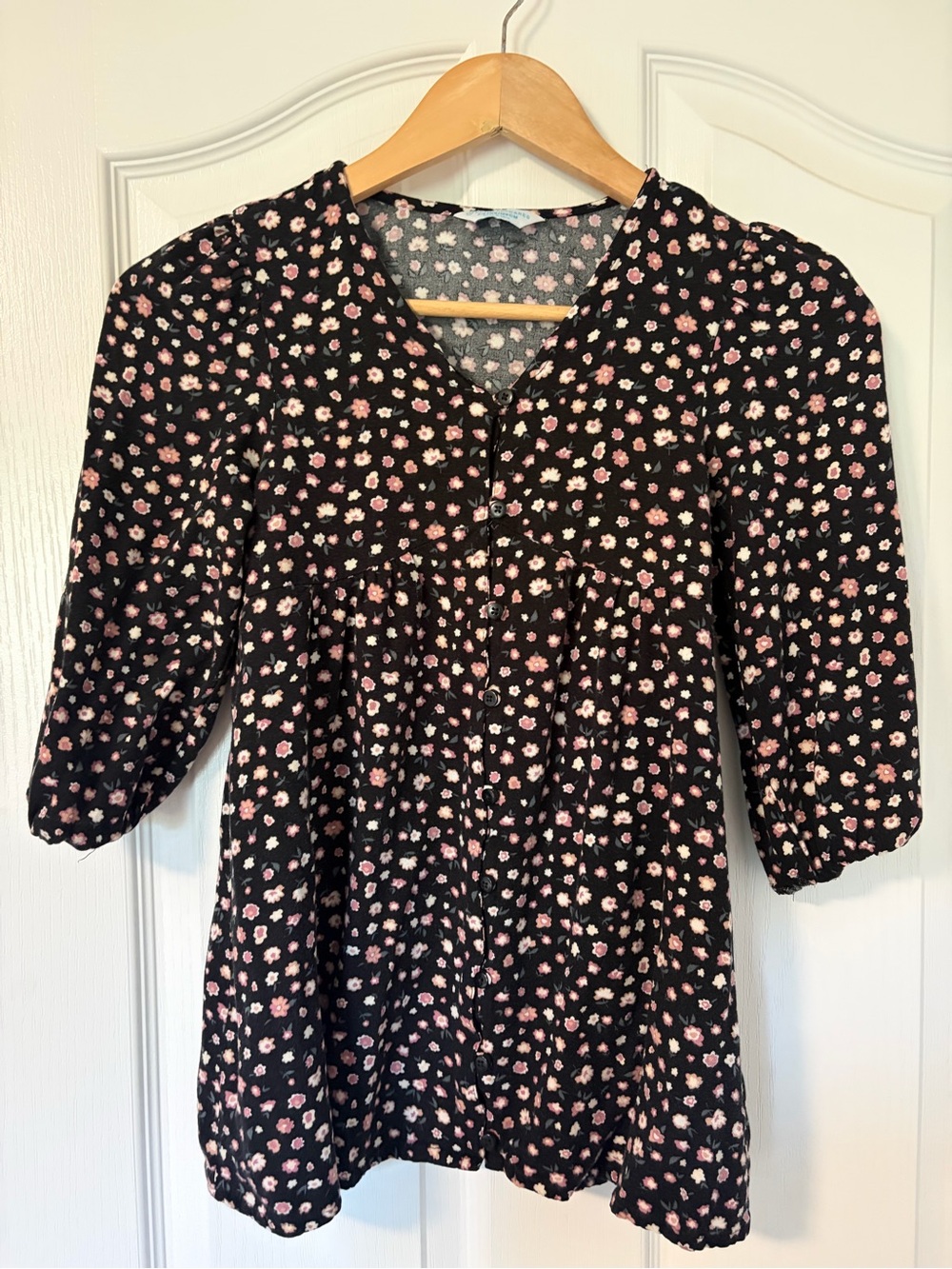 Primark Black Floral Button-Front Long Sleeve Dress with Pink and Cream Flowers